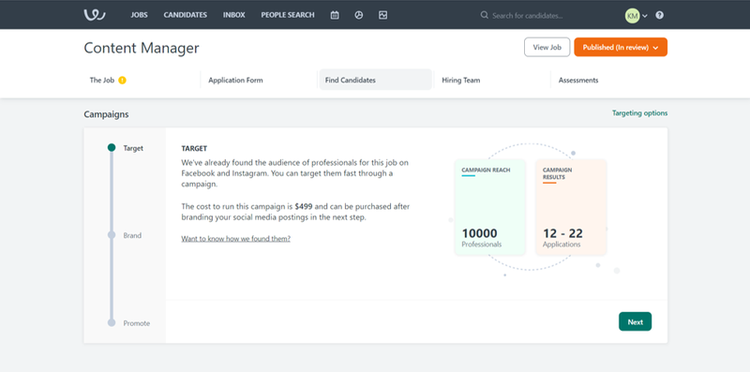 Workable’s AI feature describing how to create targeted recruitment campaigns.