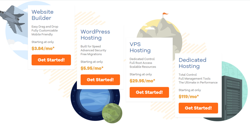 HostGator's four different hosting packages including website builder, WordPress hosting, VPS hosting, and dedicated hosting.