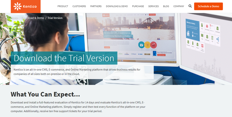 Kentico landing page prompting the viewer to download a free trial of the Kentico CMS.