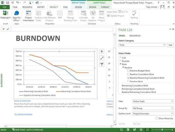 Microsoft Project burndown chart showing fields and options to select different data points and variables.