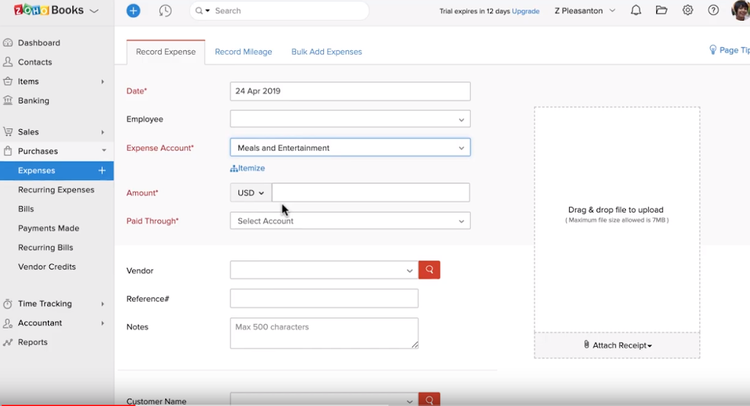 Zoho Books screen showing form to record expense details.