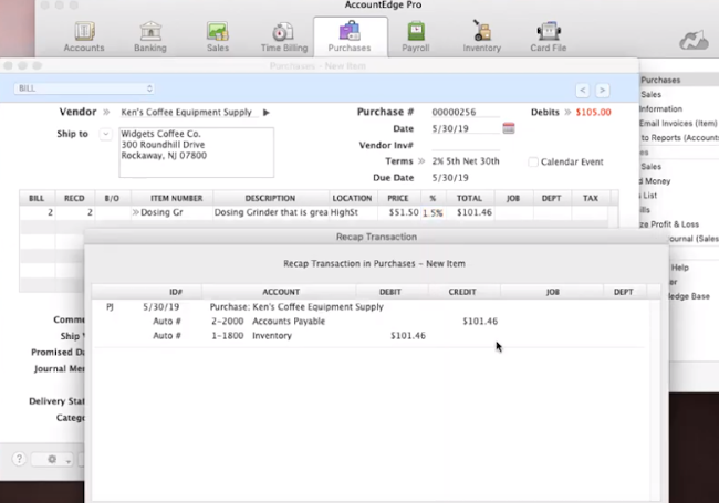 AccountEdge Pro screens showing transaction details and corresponding debits and credits.