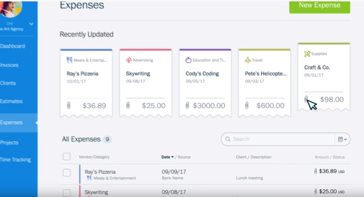 FreshBooks screen showing expense page with different types of expenses categorized.