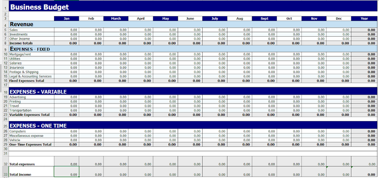 Microsoft Excel budgeting spreadsheet example with revenue and expenses viewed month-by-month.