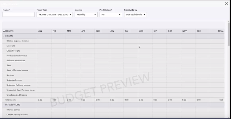 QuickBooks Online budget preview showing income and expenses.