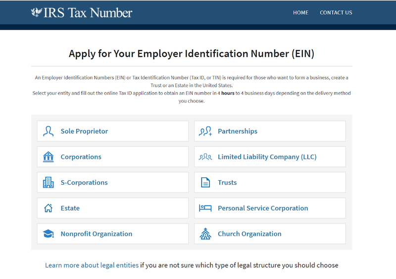 The IRS EIN page with application options.