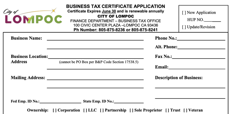 A screenshot of the Lompoc, Calif., application for a business tax certificate.