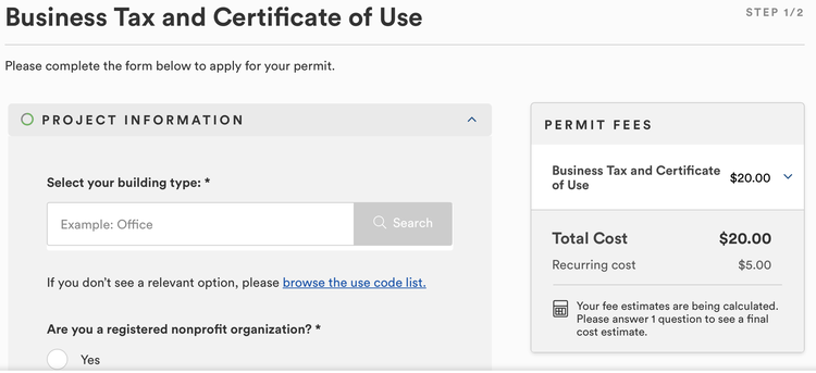 A screenshot of the Orlando, Fla., application for a business tax and certificate of use.