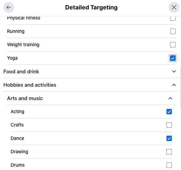 A list on Facebook for targeting ads by customer interest in various leisure activities.