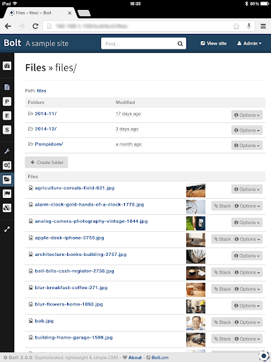 Bolt file screen on an iPad mobile view listing file folders and various image files.