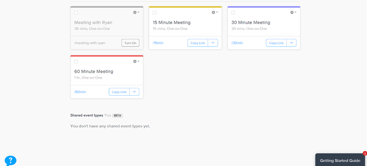 Available meeting types featured on a Calendly webpage.