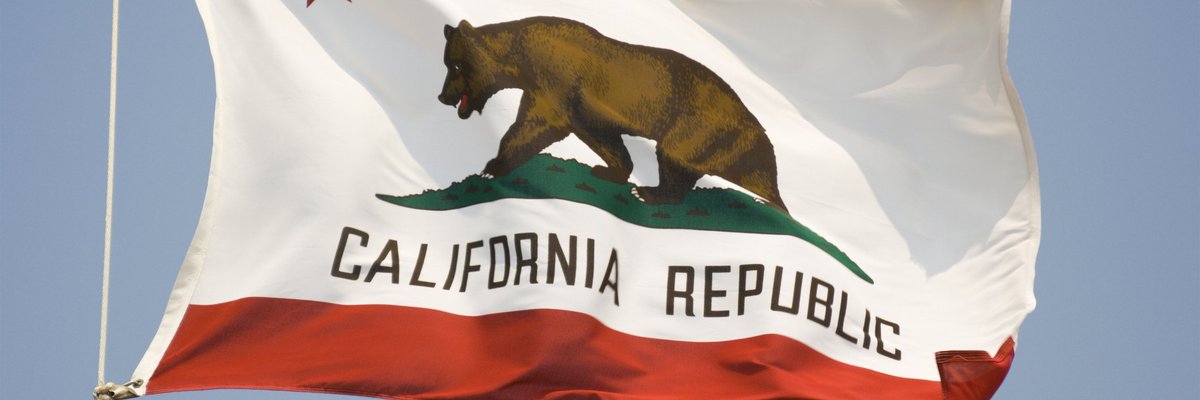 The California state flag fluttering in front of a blue sky.