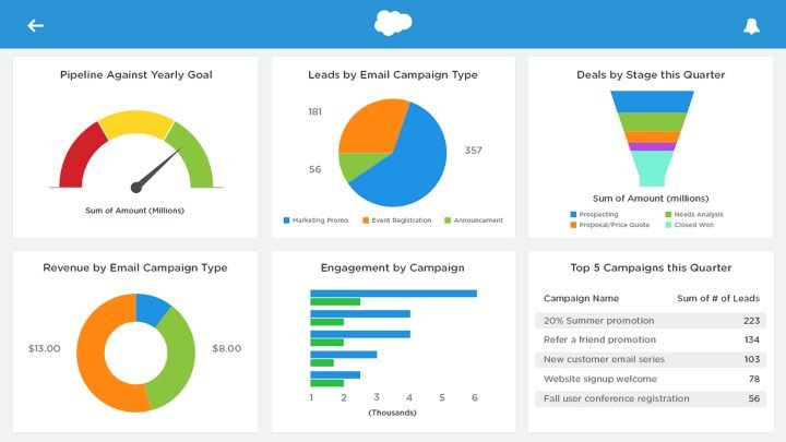 Campaign Monitor and Salesforce integration screen tracking leads, deals, revenue, engagement, and campaigns in a dashboard view.