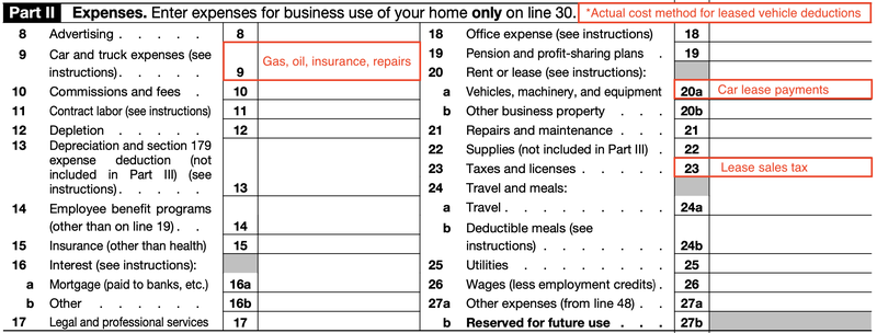 Part II of Form 1040 Schedule C, Expenses, has lines 9, 20a, and 23 boxed in red to emphasize where to fill in each type of car lease expense.