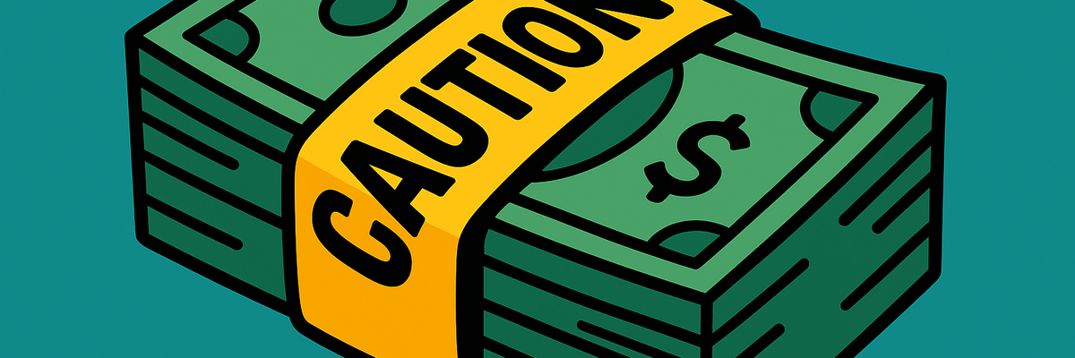 Cartoon stack of cash wrapped in yellow caution tape on a green background.