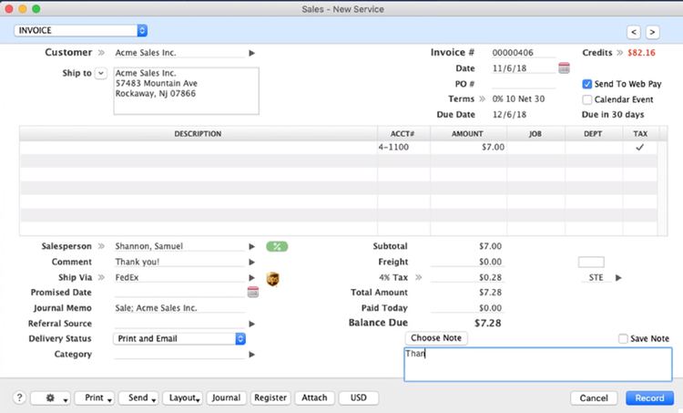 A screenshot of AccountEdge Pro invoice details for a cash flow statement.