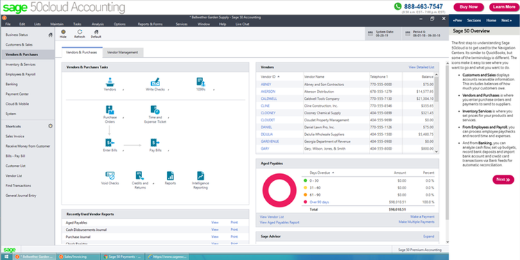 A screenshot of Sage 50cloud Accounting vendor activity on cash flow statements.