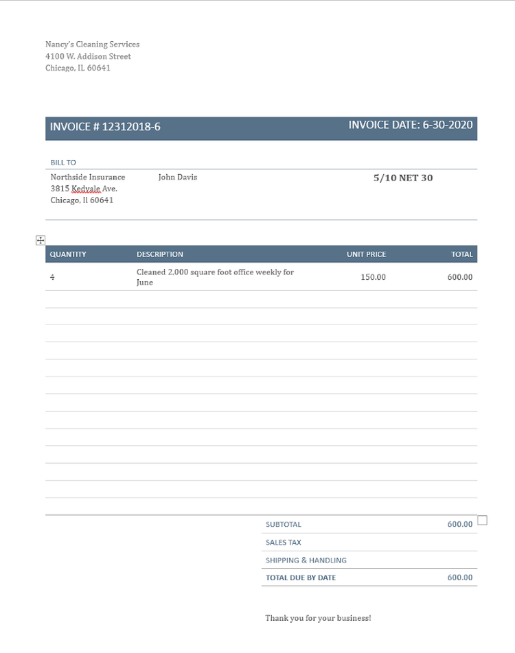 Northside Insurance Invoice with 5/10 net 30 terms