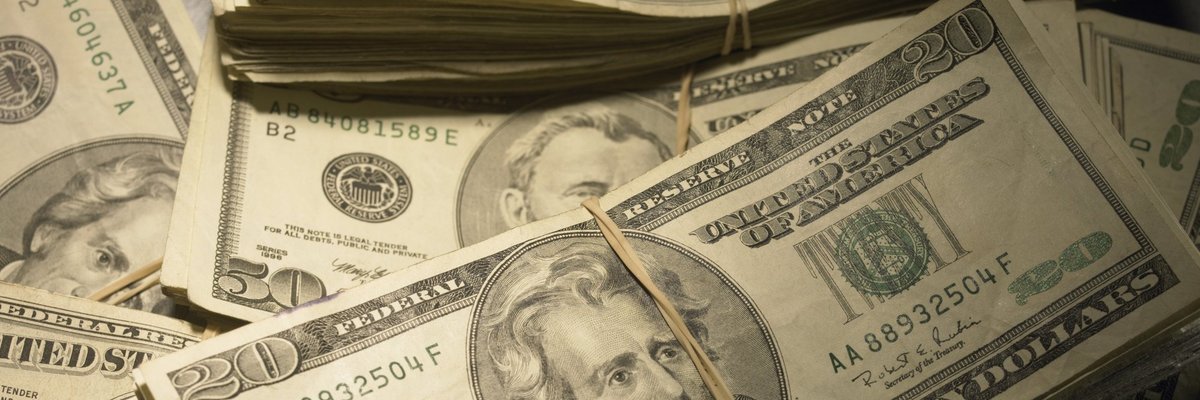 A pile of bound twenty and fifty dollar bills.