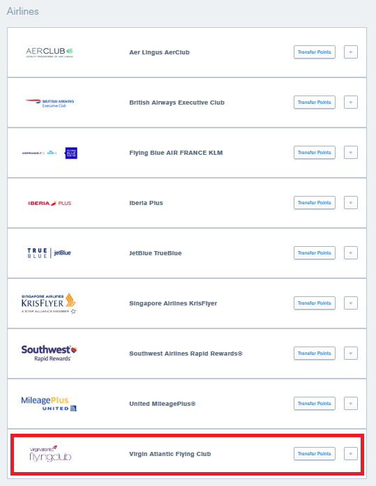 selecting Virgin Atlantic Flying Club to transfer points