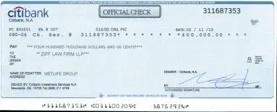 A picture of a counterfeit check.