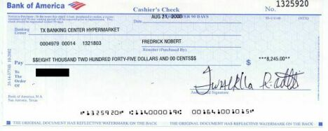 A fake cashier’s check that looks like it came from Bank of America.