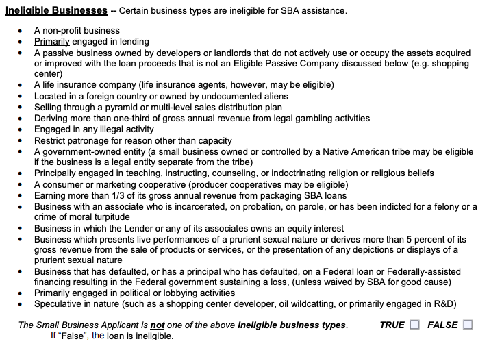 A document from SBA.gov showing a list of businesses not eligible for SBA 7(a) loans.