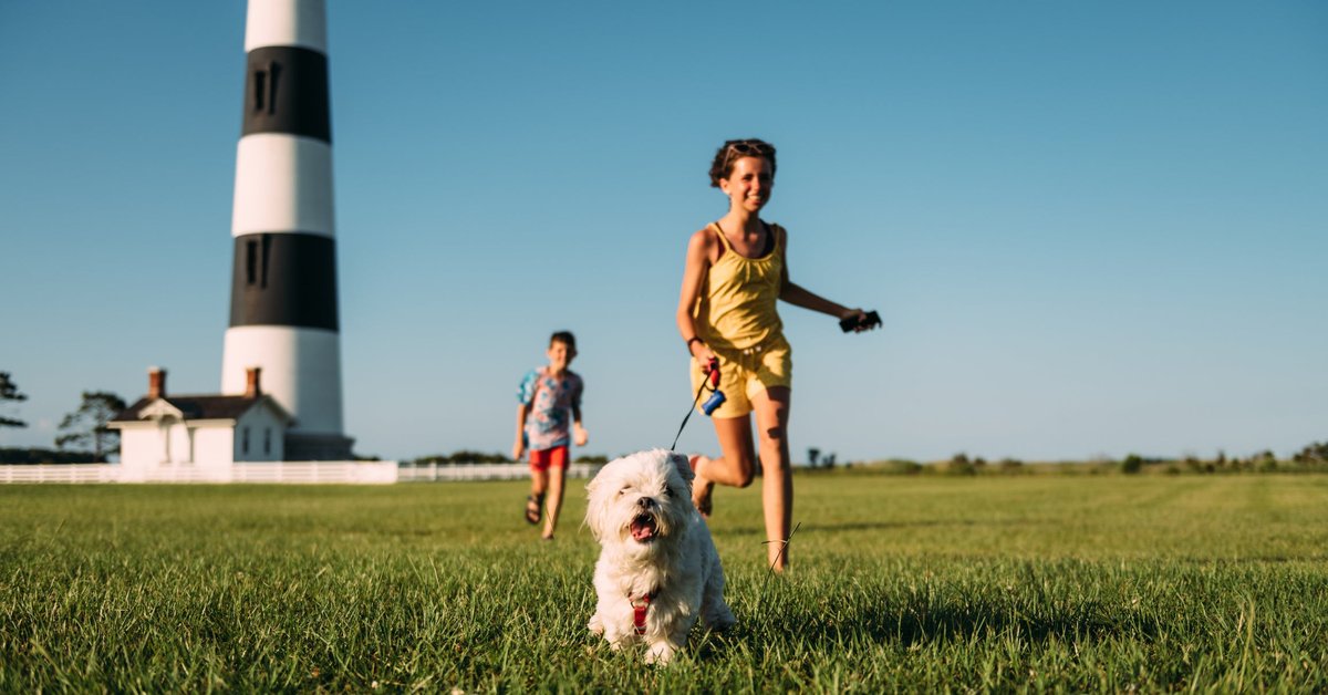 Children walking dog near a lighthouse.