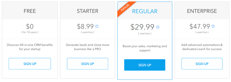 Agile CRM's pricing schedule ranges from a free option to an enterprise level that is only $48/month per user.