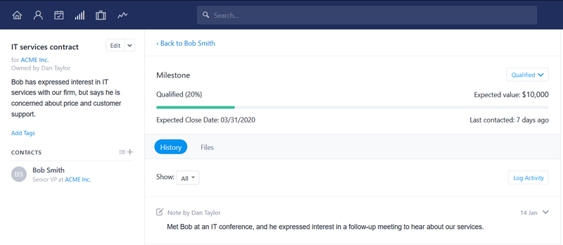 Pipeline's deal tracker includes milestones, projected value, anticipated close date, an ongoing narrative, and related files.