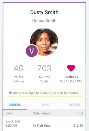 A Clover POS customer record with information such as allergies, reward points, and most recent order is displayed on a handheld mobile device.