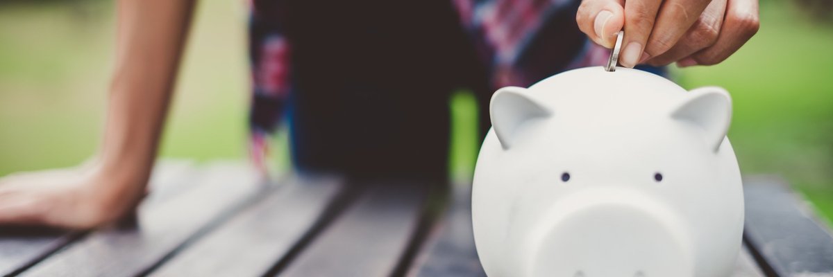 Someone placing a coin in a piggy bank on a picnic table.