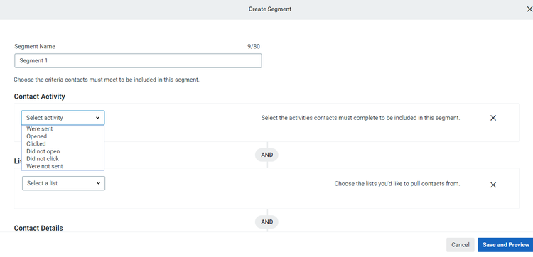 Screenshot of Constant Contact's segment creation screen.