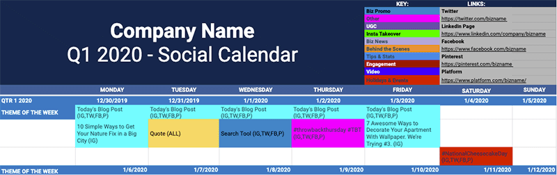 A social media content calendar template for planning and strategizing your social content.
