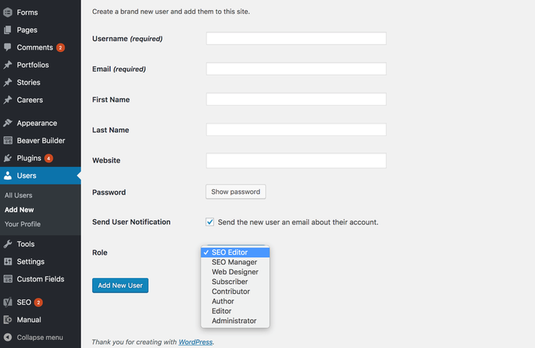 Wordpress uses a pulldown menu to easily assign user roles.