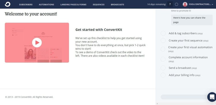 ConvertKit home page with welcome video