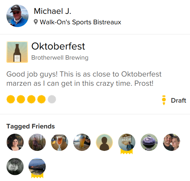A sample beer review displayed on the Untappd app.