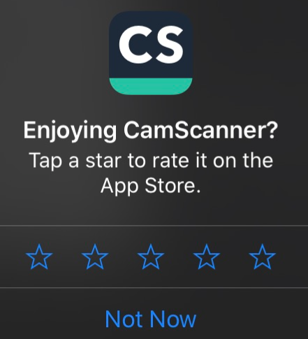 The CamScanner in-app review request uses a star rating system.