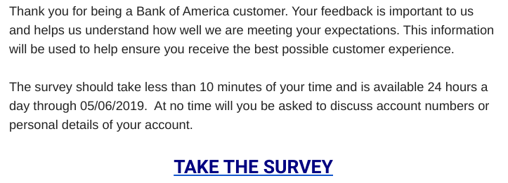 A Bank of America email asking customers to take a survey.