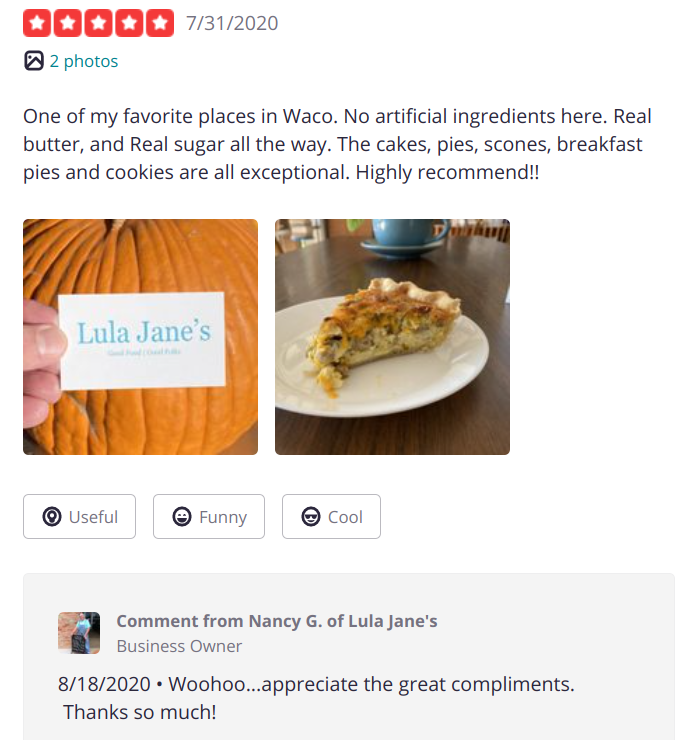 A Yelp review includes a response from the restaurant’s owner.