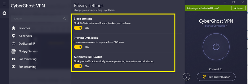 The CyberGhost privacy settings screen has three options.