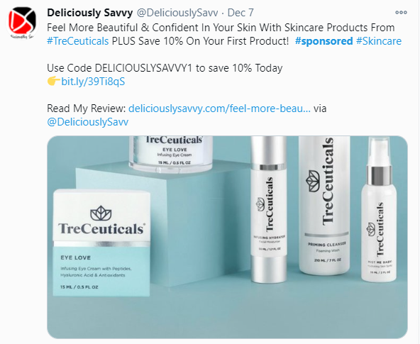 Picture of the sponsored tweet between TreCeuticals and Deliciously Savvy.