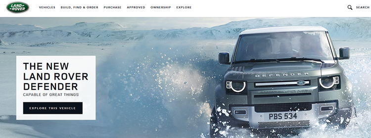 Land Rover landing page showing a picture of a Land Rover in the snow with a call-to-action to learn more.