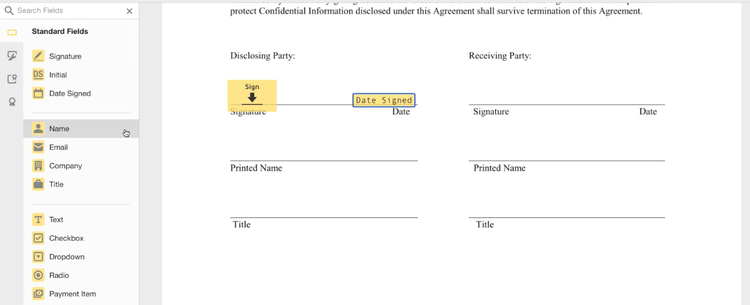 DocuSign’s sidebar displays options for marking areas in a document that require signatures and other actions.
