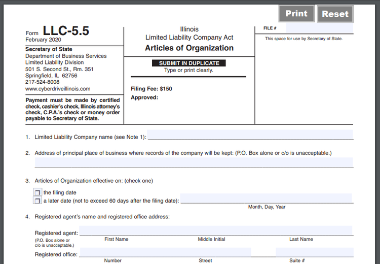 Screenshot of Illinois articles of organization for an LLC.