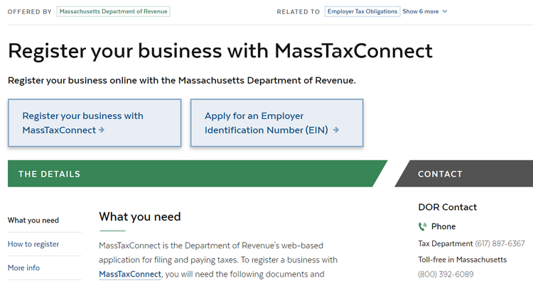 Screenshot of Massachusetts' MassTaxConnect portal.
