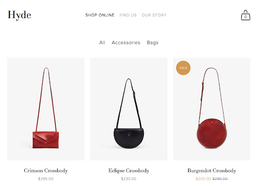Hyde e-commerce site displaying handbags