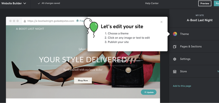 GoDaddy eCommerce's template editor tool