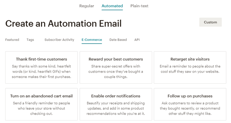 A chart with Mailchimp's email automation templates: first-time customer welcome, loyalty reward, retarget site visitor, abandoned cart, order notification, and purchase follow-up.