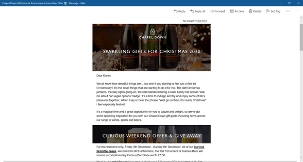 An email from the Chapel Down winery with background images of wine bottles and text overlaid on top.